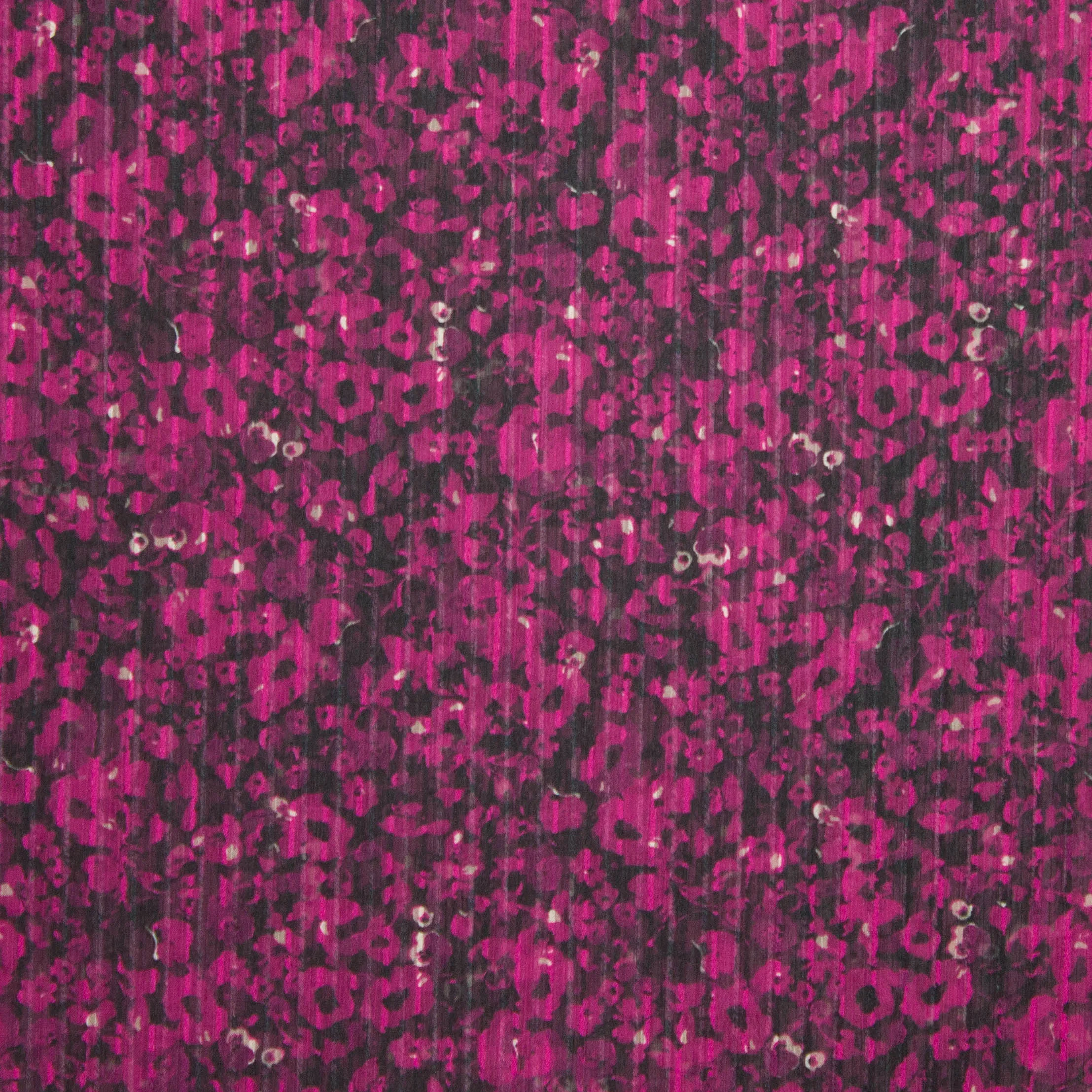 Voile zwart met fuchsia bloemen